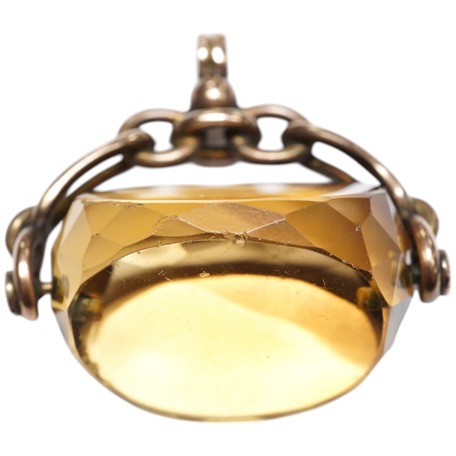 A George V 9ct gold mounted citrine spinning fob, 26mm, Condition - fair